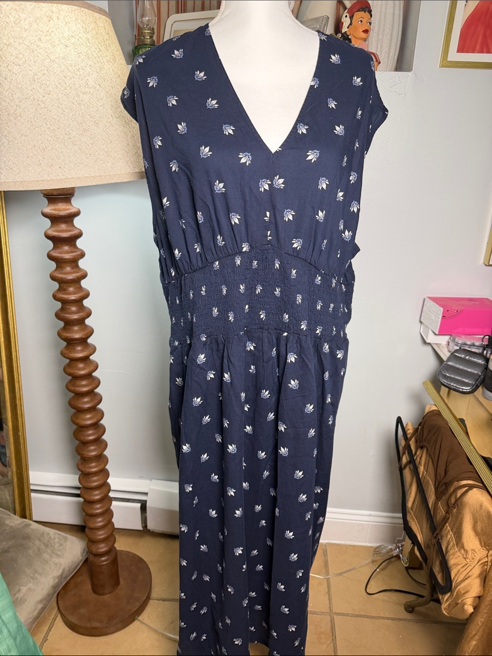Navy Blue Floral V-Neck Maxi Dress